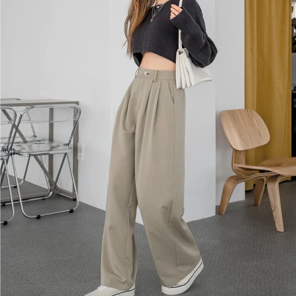 Solid High Waist Wide Leg Suit Pants - Khaki/Beige (Size S)